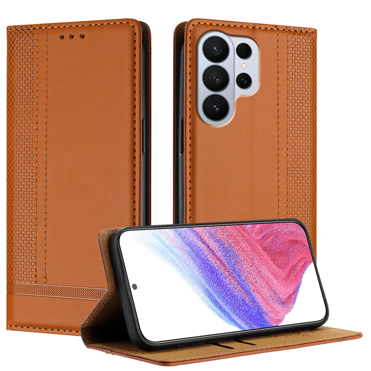 Galaxy S26 Ultra Plånboksfodral L-Shaped Grid Pattern - Brun | 2353 | AlltMobil