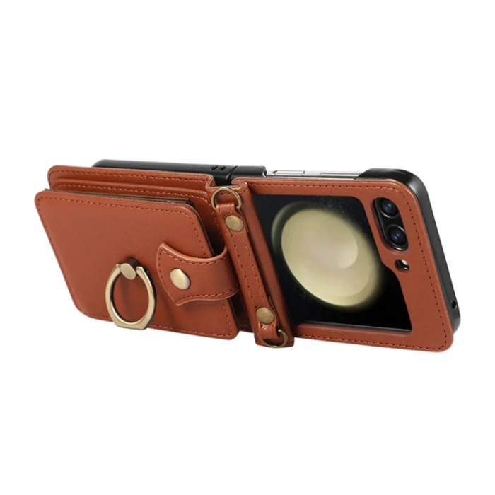 A-One Brand - Galaxy Z Flip7 Plånboksfodral Ring Kickstand med Lång rem - Brun
