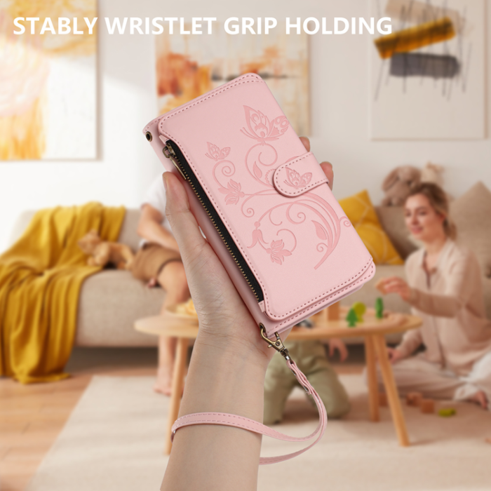 A-One Brand - iPhone 17 Plånboksfodral Butterfly Floral Imprint - Rosa