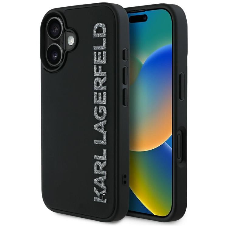 Karl Lagerfeld iPhone 16 Mobilskal 3D Rubber Elongated Glitter - Svart | 2353 | AlltMobil