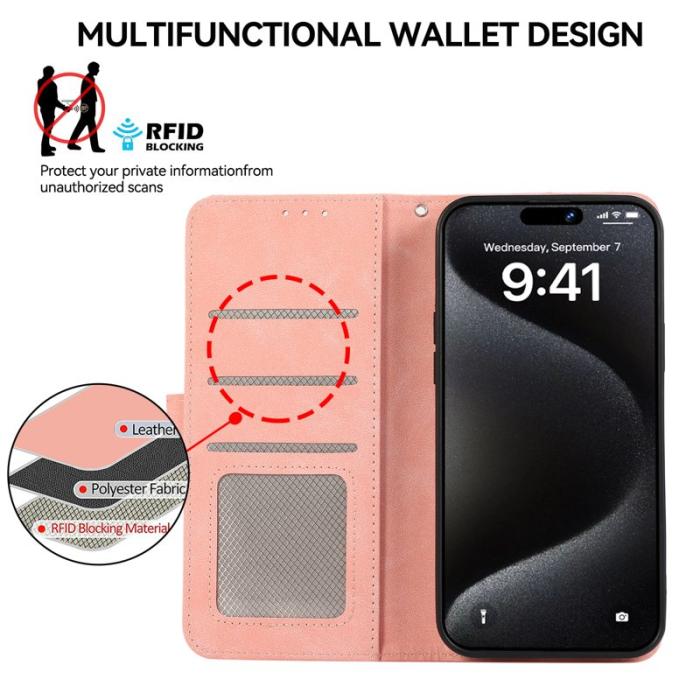 ABEEL - ABEEL iPhone 16 Pro Plånboksfodral RFID-Skydd Konstläder Flip - Rosa