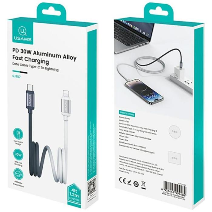 USAMS - USAMS USB-C till Lightning Kabel PD 30W 1.2m Bicolor SJ757 - Svart/Vit