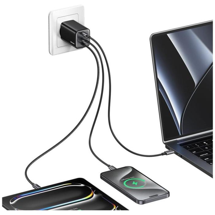 USAMS - USAMS Snabbladdare 65W 2xUSB-C 1xUSB-A GaN JC - Vit