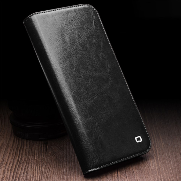 QIALINO - Qialino iPhone 15 Plånboksfodral Äkta Läder Cowhide - Svart