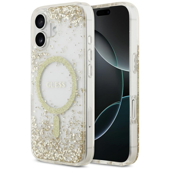 Guess - Guess iPhone 17 Mobilskal Magsafe Resin Bottom Glitter - Guld