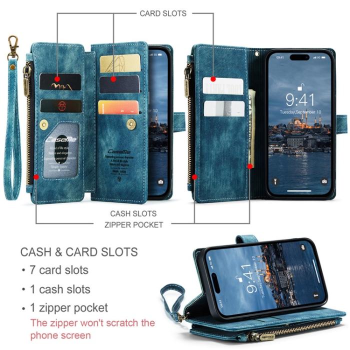 Caseme - CASEME iPhone 15 Pro Plånboksfodral C30 Zipper - Blå