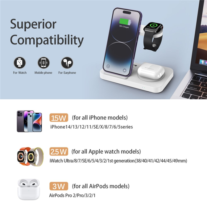 A-One Brand - 3in1 Trådlös Laddare Apple Watch, iPhone, Airpods 15W - Vit