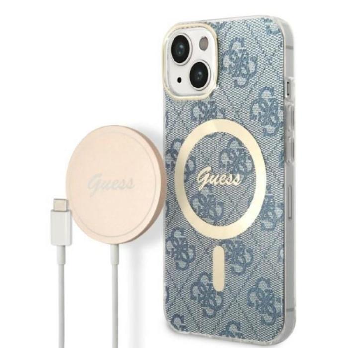 Guess - GUESS iPhone 14 Magsafe Skal Print + Trådlös Laddare - Blå