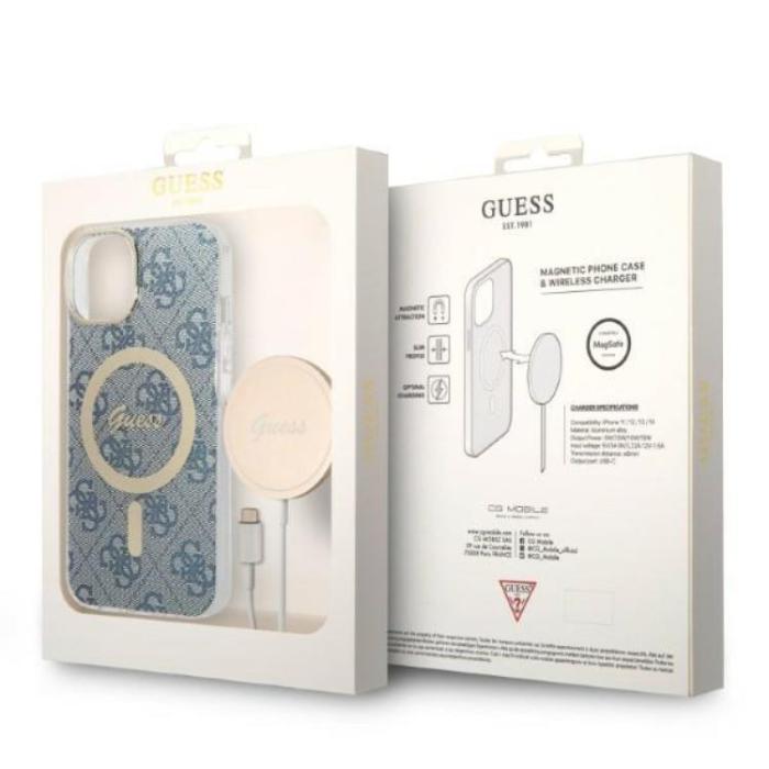 Guess - GUESS iPhone 14 Magsafe Skal Print + Trådlös Laddare - Blå