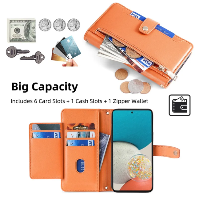 A-One Brand - Galaxy A53 5G Konstläder Plånboksfodral Crossbody Axelrem - Orange