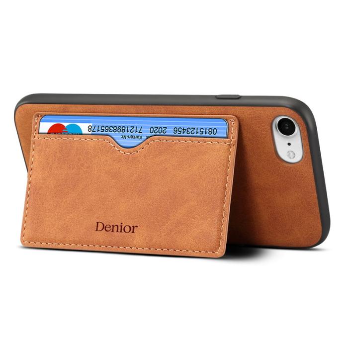 DENIOR - DENIOR iPhone 16e Fodral Kortfack Ställ Retro Konstläder Brun