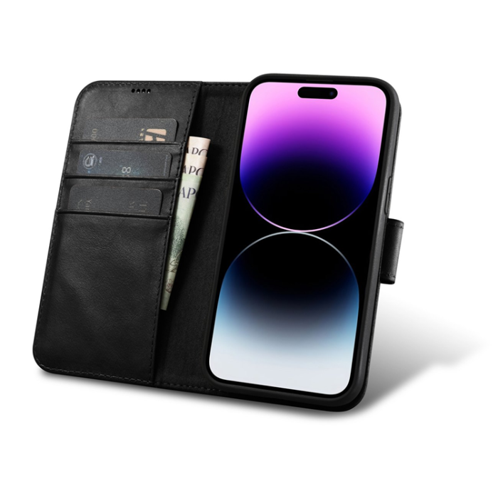 ICARER - iCarer iPhone 14 Pro Plånboksfodral 2in1 Äkta Läder Anti-RFID - Svart