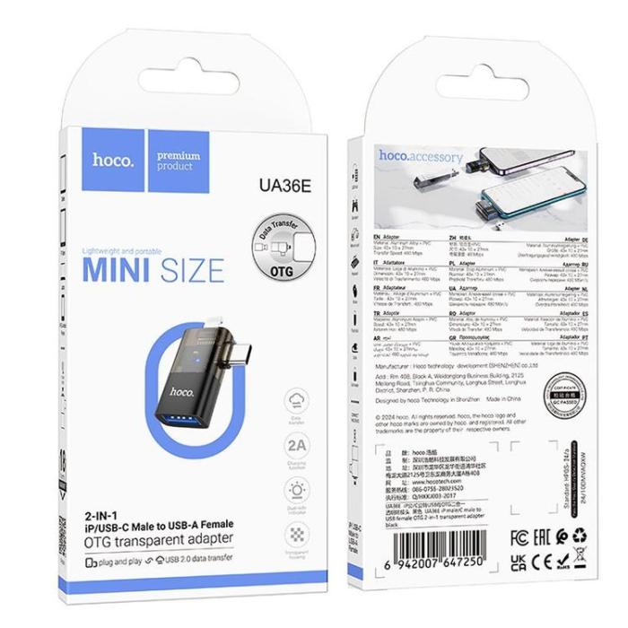 Hoco - Hoco 2-i-1 OTG Adapter USB-A Till Lightning/USB-C UA36E - Svart