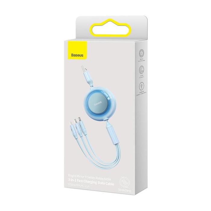 BASEUS - Baseus Retractable 3in1 micro USB/Lightning/Typ-C 3.5A 1.1m - Ljusblå