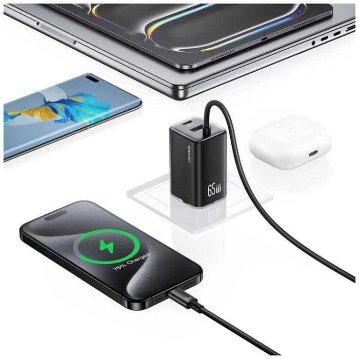USAMS - USAMS Snabbladdare 65W 2xUSB-C 1xUSB-A GaN JC - Vit
