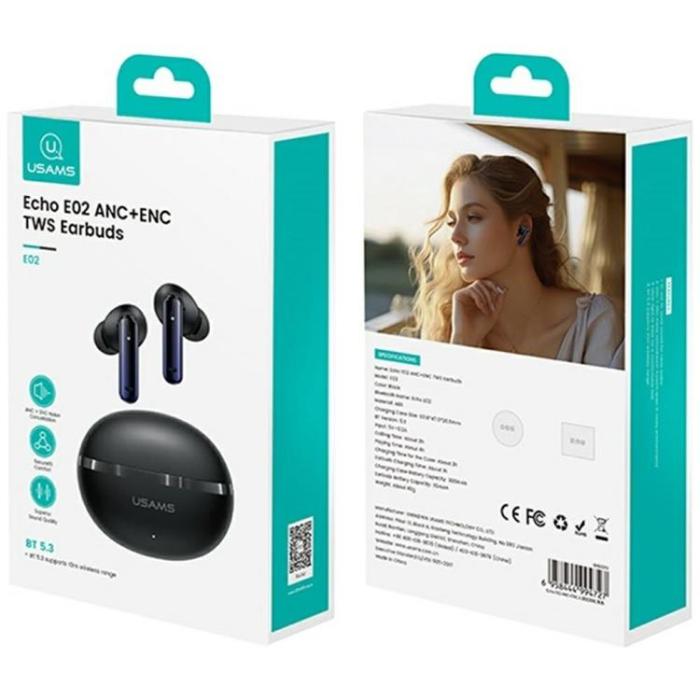 USAMS - USAMS TWS In-Ear Hörlurar Bluetooth ANC ENC Echo E02 - Svart