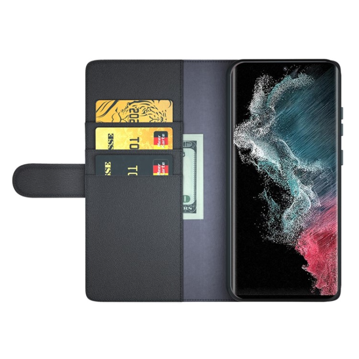 A-One Brand - Galaxy S23 Ultra Plånboksfodral Äkta Läder - Svart