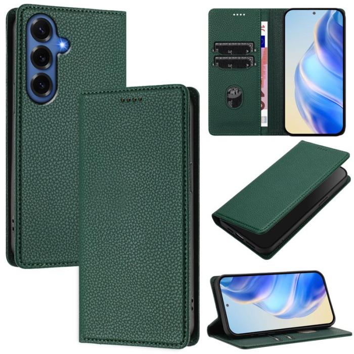 OEM - Litchi Samsung Galaxy S26 Plus Fodral Äkta Läder RFID Skydd - Mörkgrön