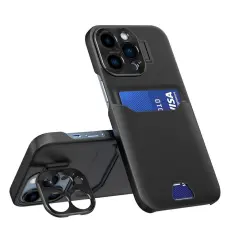 OEM - iPhone 14 Pro Max Skal Korthållare Läder Kickstand - Svart