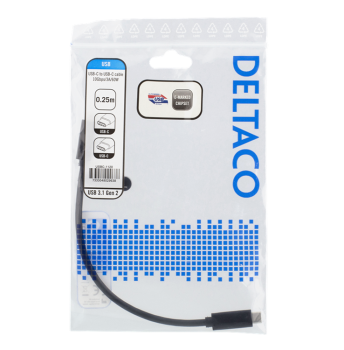 UTGATT1 - Deltaco USB-C till USB-C Kabel 60W 0.25m - Svart