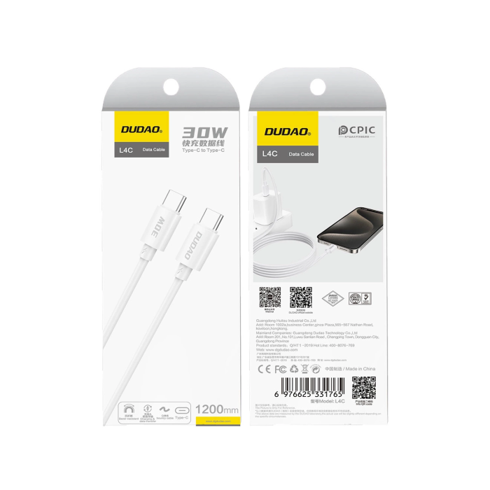 Dudao - Dudao L4C USB-C till USB-C kabel 30W 2m - Vit
