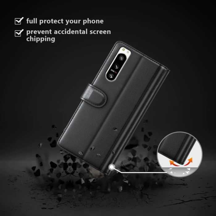 A-One Brand - Sony Xperia 5 IV Plånboksfodral Äkta Läder - Svart