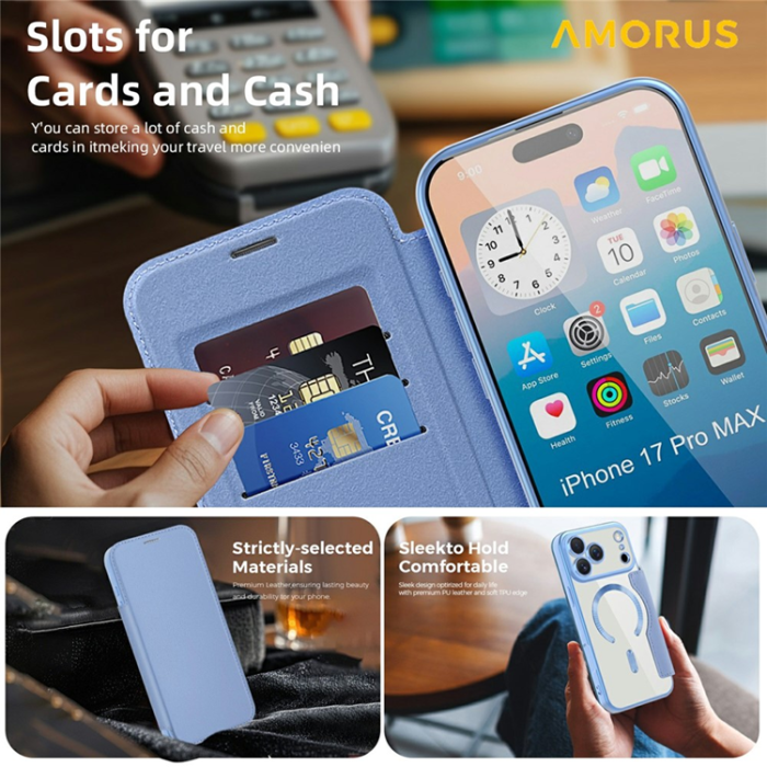 Amorus - AMORUS iPhone 17 Pro Max Plånboksfodral MagSafe RFID - Blå
