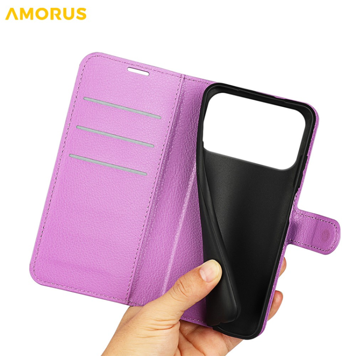 Amorus - AMORUS iPhone 17 Pro Max Plånboksfodral Flipstativ Litchi - Lila