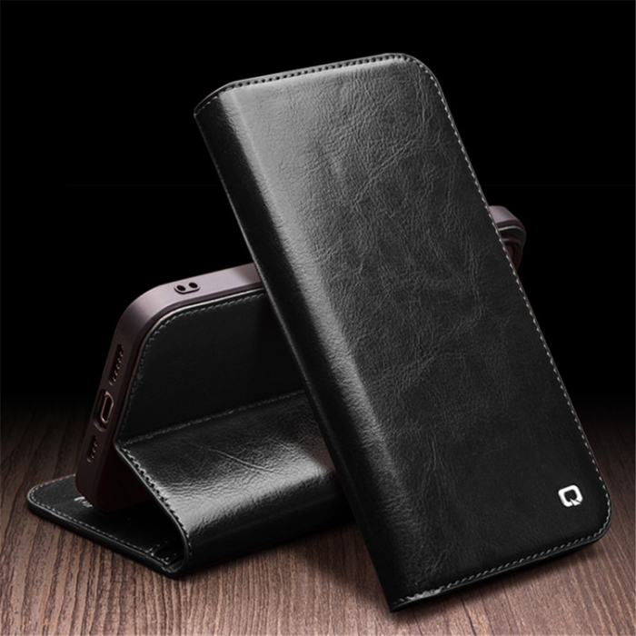 QIALINO - Qialino iPhone 15 Plånboksfodral Äkta Läder Cowhide - Svart
