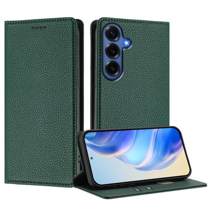 OEM - Litchi Samsung Galaxy S26 Plus Fodral Äkta Läder RFID Skydd - Mörkgrön