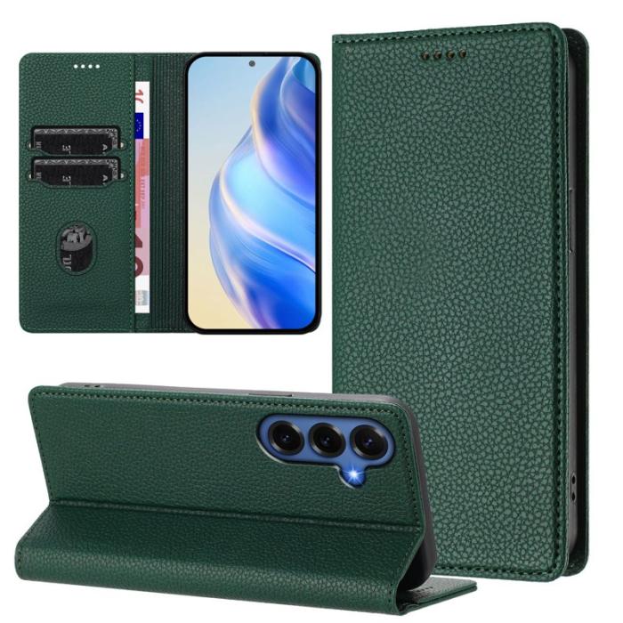 OEM - Litchi Samsung Galaxy S26 Plus Fodral Äkta Läder RFID Skydd - Mörkgrön
