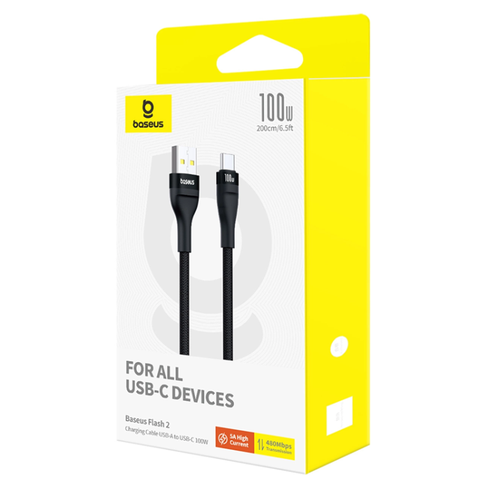 BASEUS - Baseus USB-C till USB-A kabel Flash 2 100W 2m- Svart