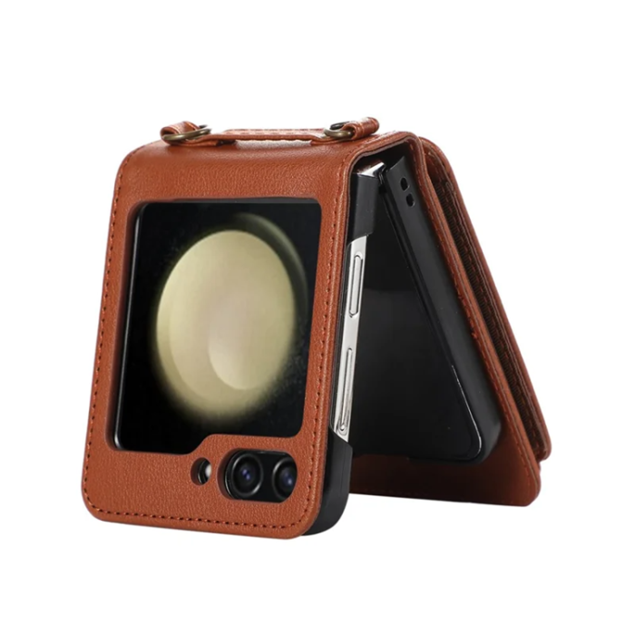 A-One Brand - Galaxy Z Flip7 Plånboksfodral Ring Kickstand med Lång rem - Brun