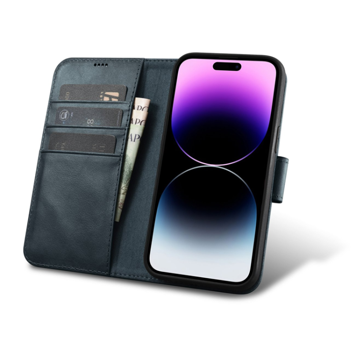 ICARER - iCarer iPhone 14 Pro Plånboksfodral 2in1 Äkta Läder Anti-RFID - Blå