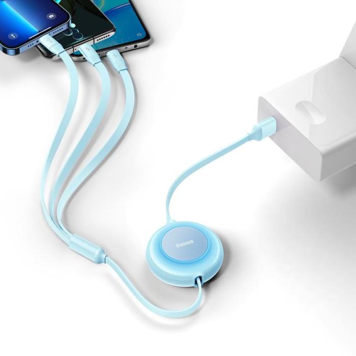 BASEUS - Baseus Retractable 3in1 micro USB/Lightning/Typ-C 3.5A 1.1m - Ljusblå