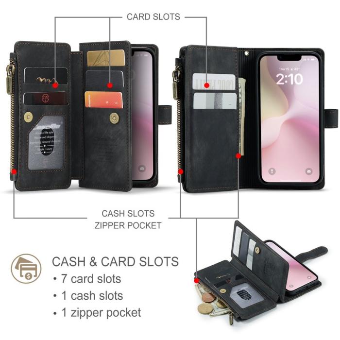 Caseme - CASEME Konstläder Plånboksfodral till iPhone 16e med Rem och Flera Kort - Svart