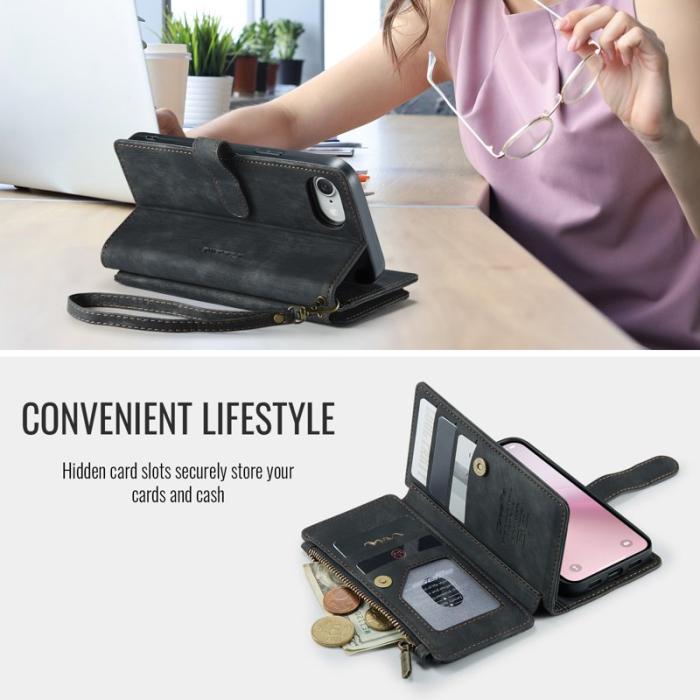 Caseme - CASEME Konstläder Plånboksfodral till iPhone 16e med Rem och Flera Kort - Svart