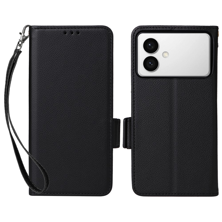 Galaxy S26 Edge Plånboksfodral Litchi Läder med Rem - Svart | 2353 | AlltMobil