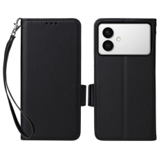 A-One Brand - Galaxy S26 Edge Plånboksfodral Litchi Läder med Rem - Svart