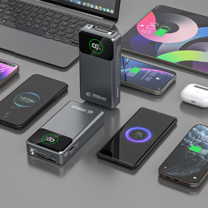 Dudao - Dudao Powerbank 20000mAh 45W med Inbyggda Utdragbar USB-C Kabel K31 Pro - Grå