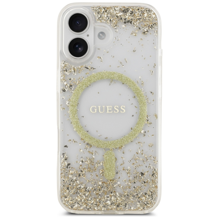 Guess - Guess iPhone 17 Mobilskal Magsafe Resin Bottom Glitter - Guld
