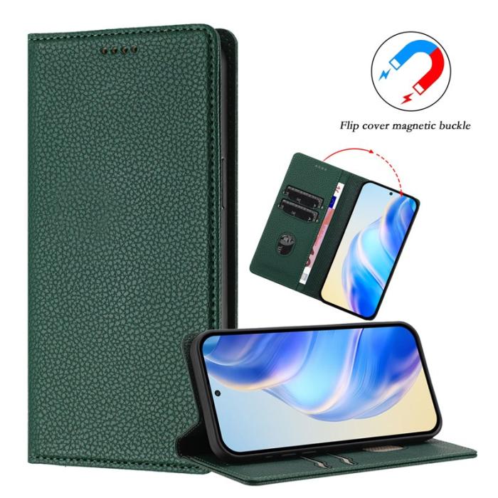 OEM - Litchi Samsung Galaxy S26 Plus Fodral Äkta Läder RFID Skydd - Mörkgrön
