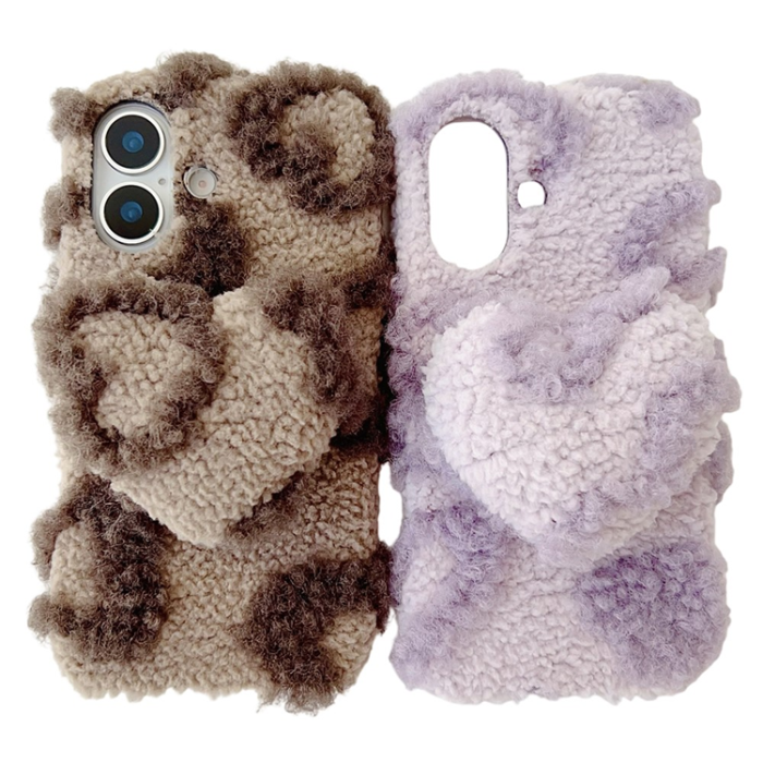 A-One Brand - iPhone 17 Mobilskal 3D Heart Plush TPU Winter Warm Soft - Rosa