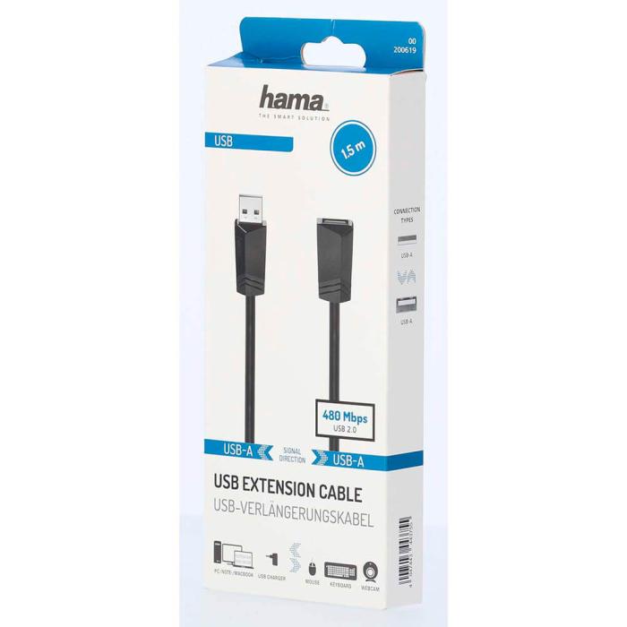 Hama - Hama Kabel USB 2.0 Förlängning 480 Mbit/s 1.5m - Svart