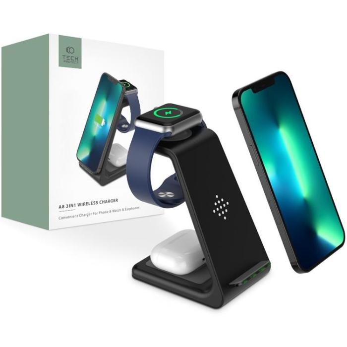 Tech-Protect - Tech-Protect 3-in-1 Trådlös laddare iPhone, Apple Watch, AirPods A8 - Svart