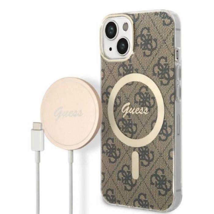 UTGATT1 - GUESS iPhone 14 Magsafe Skal 4G Print + Trådlös Laddare - Brun