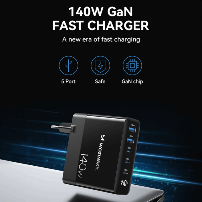Wozinsky - Wozinsky Väggladdare 140W GaN 3 x USB-C/2 x USB-A - Svart