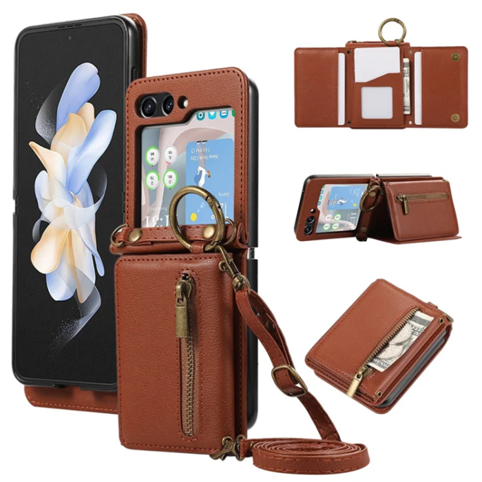 A-One Brand - Galaxy Z Flip7 Plånboksfodral Zipper Kickstand med Axelrem - Brun