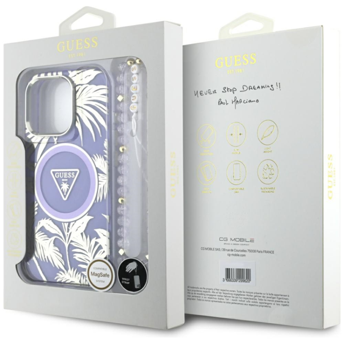 Guess - Guess iPhone 16 Mobilskal Magsafe Palm Trees Med Pearl Strap