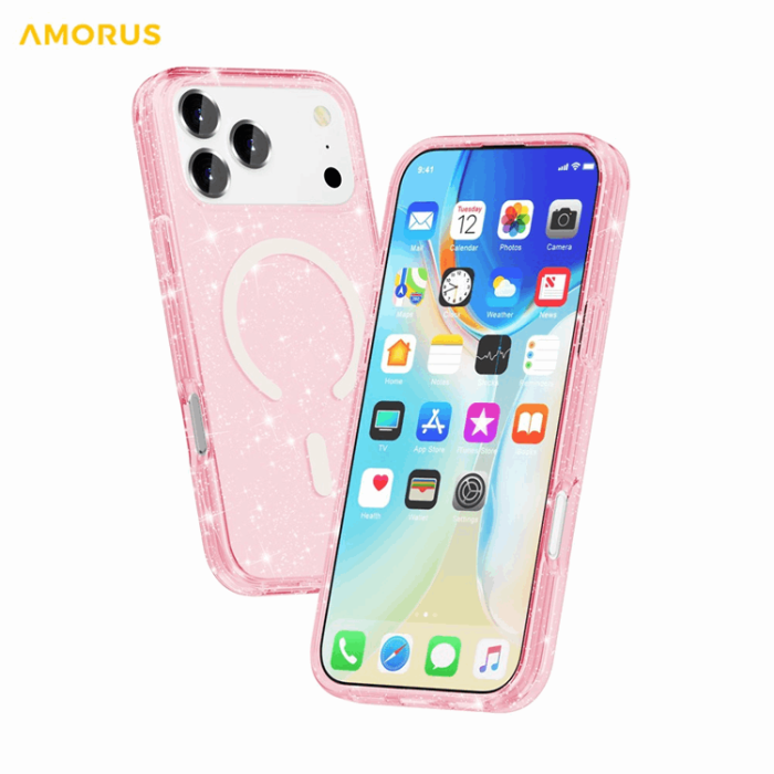 AMORUS - AMORUS Mobilskal till iPhone 17 Pro Max Magsafe Glitter Powder PC + TPU - Rosa